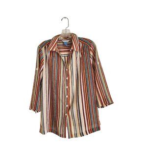 Striped Button-Up Blouse With 3/4 Sleeves By City Blues By Koret Size M
